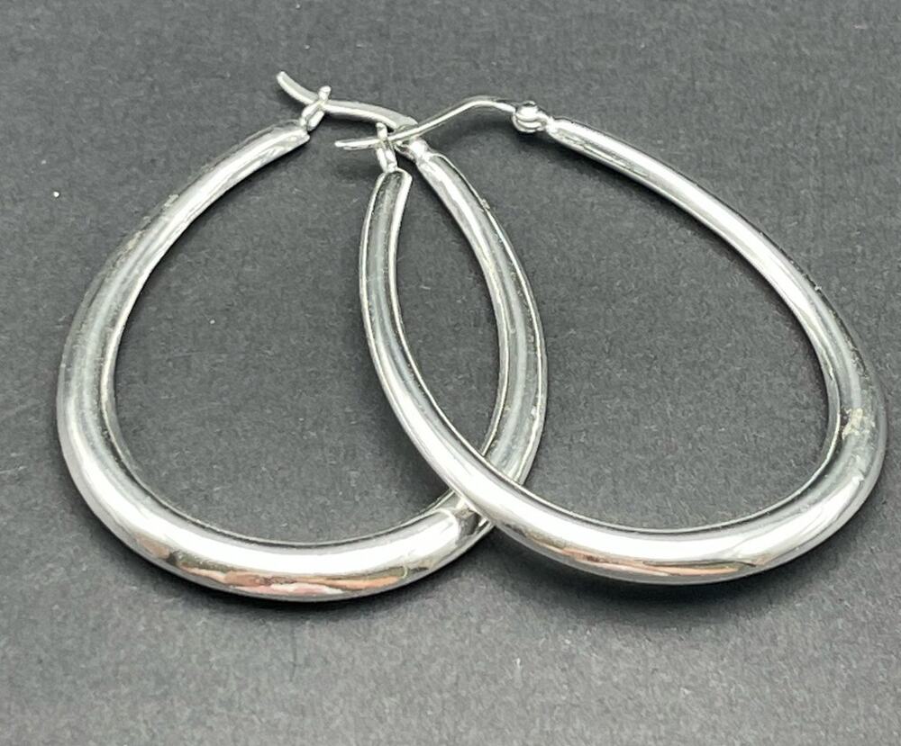 FAS 2" Oval Teardrop Hinged Hoop Earrings 925 Thai Sterling Silver Jewelry Clean